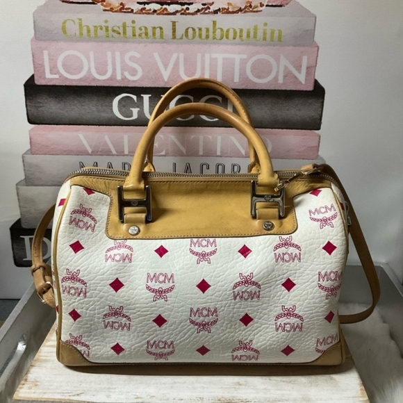 MCM Women's Tan White Pink Boston Bag With COA & Dust bag Pristine Condition - Picture 2 of 10